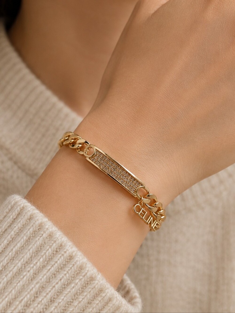 CELINe  Gold-Tone Pave Chain Bracelet with Logo Charm